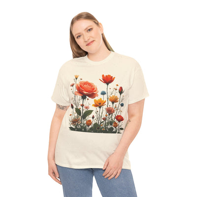 Wildflowers and Orange Roses, Graphic T-Shirts for Women, Floral Shirt, Womens Short Sleeve, Ladies Graphic Tees #5044TTS