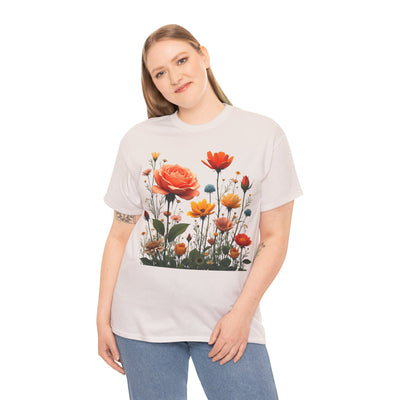 Wildflowers and Orange Roses, Graphic T-Shirts for Women, Floral Shirt, Womens Short Sleeve, Ladies Graphic Tees #5044TTS