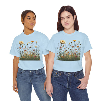 Wildflowers and White Roses, Graphic T-Shirts for Women, Floral Shirt, Womens Short Sleeve, Ladies Graphic Tees #5041TTS