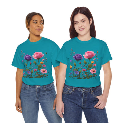 Wildflowers and Pink/Violet Roses, Graphic T-Shirts for Women, Floral Shirt, Womens Short Sleeve, Ladies Graphic Tees #5101TTS