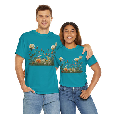 Wildflowers and White Roses, Graphic T-Shirts for Women, Floral Shirt, Womens Short Sleeve, Ladies Graphic Tees #5039TTS