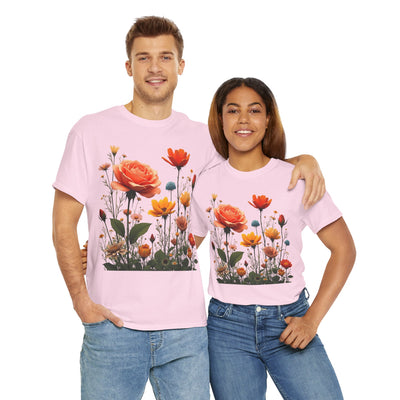 Wildflowers and Orange Roses, Graphic T-Shirts for Women, Floral Shirt, Womens Short Sleeve, Ladies Graphic Tees #5044TTS