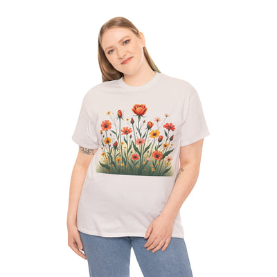 Wildflowers and Orange Roses, Graphic T-Shirts for Women, Floral Shirt, Womens Short Sleeve, Ladies Graphic Tees #5047TTS