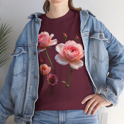 Wildflowers and Pink Roses, Graphic T-Shirts for Women, Floral Shirt, Womens Short Sleeve, Ladies Graphic Tees #5019TTS