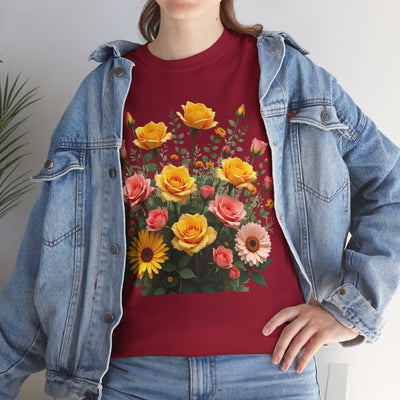 Wildflowers and Pink & Yellow Roses, Graphic T-Shirts for Women, Floral Shirt, Womens Short Sleeve, Ladies Graphic Tees #5141TTS