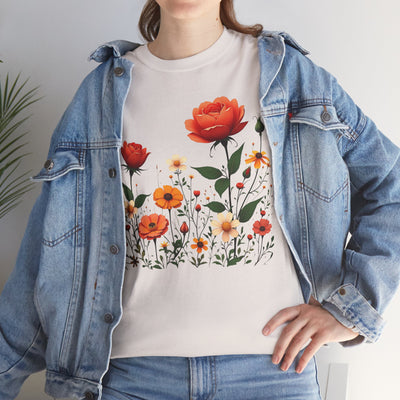 Wildflowers and Orange Roses, Graphic T-Shirts for Women, Floral Shirt, Womens Short Sleeve, Ladies Graphic Tees #5043TTS