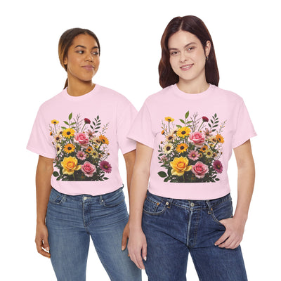 Wildflowers and Pink & Yellow Roses, Graphic T-Shirts for Women, Floral Shirt, Womens Short Sleeve, Ladies Graphic Tees #5150TTS