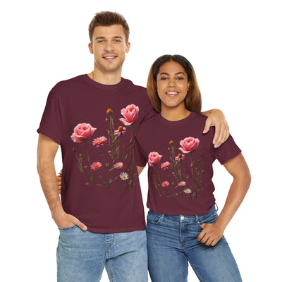 Wildflowers and Pink Roses, Graphic T-Shirts for Women, Floral Shirt, Womens Short Sleeve, Ladies Graphic Tees #5018TTS