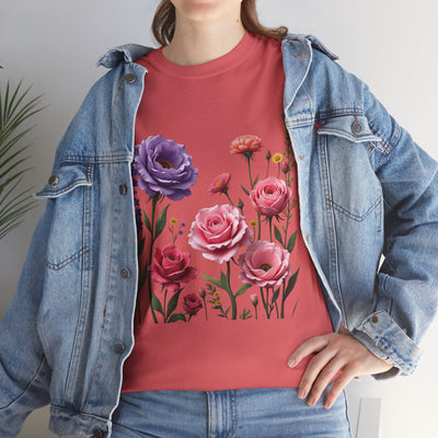 Wildflowers and Pink/Violet Roses, Graphic T-Shirts for Women, Floral Shirt, Womens Short Sleeve, Ladies Graphic Tees #5100TTS