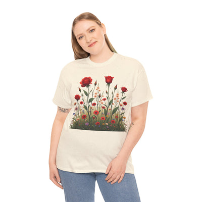 Wildflowers and Red Roses, Graphic T-Shirts for Women, Floral Shirt, Womens Short Sleeve, Ladies Graphic Tees #5032TTS