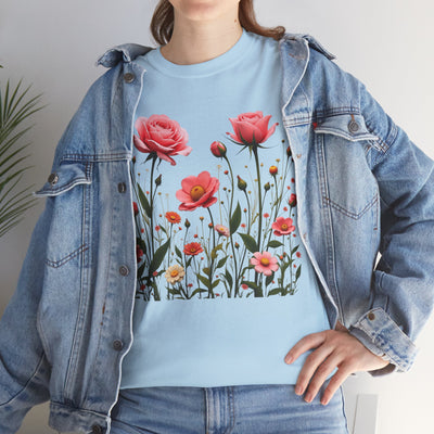 Wildflowers and Pink Roses, Graphic T-Shirts for Women, Floral Shirt, Womens Short Sleeve, Ladies Graphic Tees #5022TTS