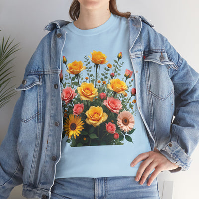 Wildflowers and Pink & Yellow Roses, Graphic T-Shirts for Women, Floral Shirt, Womens Short Sleeve, Ladies Graphic Tees #5141TTS