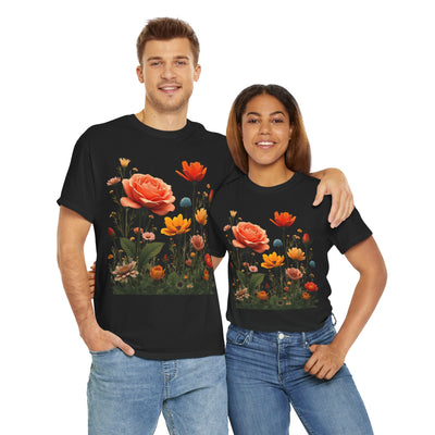 Wildflowers and Orange Roses, Graphic T-Shirts for Women, Floral Shirt, Womens Short Sleeve, Ladies Graphic Tees #5044TTS