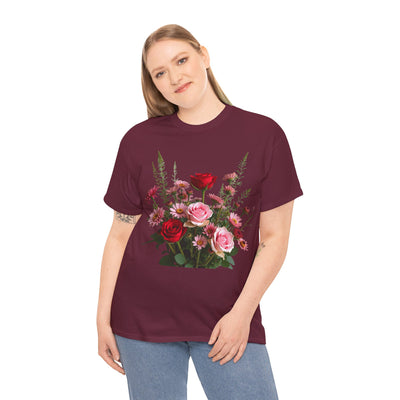 Wildflowers and Red & Pink Roses, Graphic T-Shirts for Women, Floral Shirt, Womens Short Sleeve, Ladies Graphic Tees #5132TTS