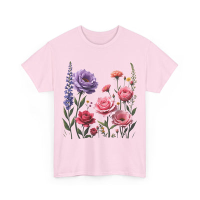 Wildflowers and Pink/Violet Roses, Graphic T-Shirts for Women, Floral Shirt, Womens Short Sleeve, Ladies Graphic Tees #5100TTS