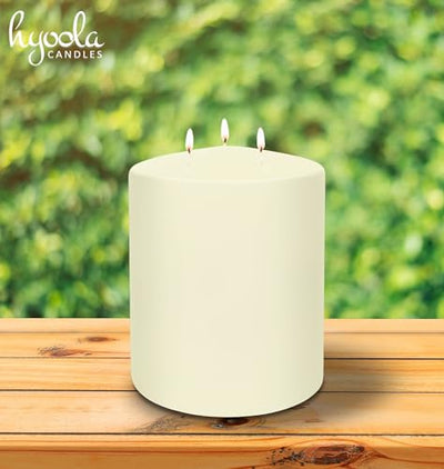 HYOOLA Ivory Three Wick Large Candle - 6 x 8 Inch - Unscented Big Pillar Candles - 188 Hour - European Made