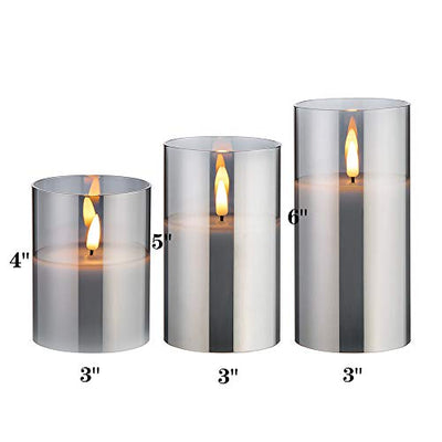 Eywamage Smoke Grey Glass Flameless Candles with Remote Battery Operated Flickering LED Pillar Candles Set of 3