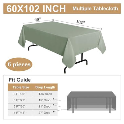 sancua 6 Pack Sage Green Tablecloth 60 x 102 Inch, Rectangle Table Cloth for 6 Feet Table - Stain and Wrinkle Resistant Washable Polyester Table Cover for Dining Table, Buffet Parties and Camping