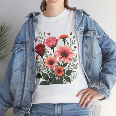 Wildflowers and Pink & Red Roses, Graphic T-Shirts for Women, Floral Shirt, Womens Short Sleeve, Ladies Graphic Tees #5133TTS