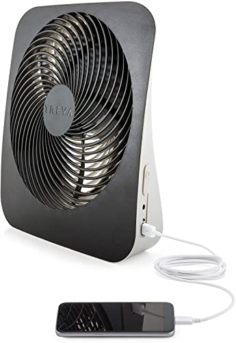 Treva 10-Inch Portable Desk Battery Fan, Powered by Battery and/or AC Adapter - Air Circulating with 2 Cooling Speeds, With Built In USB Charging Port