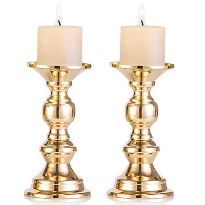 Nuptio Pillar Candle Holders, Wedding Centerpieces Metal Candle Holder Candles Stand Decoration Ideal for Weddings Special Events Parties Living Room (2 Pcs, Gold)