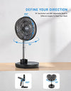 FARADAY Oscillating Standing Fan 12” Foldable Portable Quiet Floor Fan 12000mAh Rechargeable Pedestal Fan with Remote, Timer Setting, Height Adjustable Foldaway Fan for Bedroom Home Office, 6 Speed