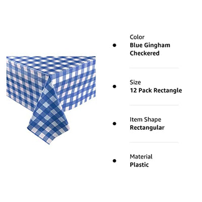 ZIMPLEWARE Blue Gingham Checkered 12 Pack Standard Disposable Plastic Party Picnic Tablecloth 54 Inch. x 108 Inch. Rectangle Table Cover