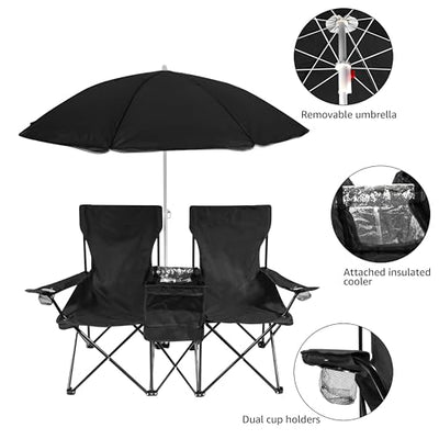 Trademark Innovations Double Folding Camp and Beach Chair with Removable Umbrella and Cooler, Black