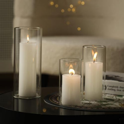 UDU Set of 12 Pillar Candles and 12 Hurricane Candle Holders, Pillar Candle Holder for Pillar Candles, Clear Cylinder Vases for Centerpieces Wedding Table Party Home Decor(4.7", 5.9",7.9")