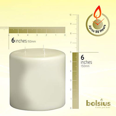 BOLSIUS Three Wick Big Pillar Candle Ivory – 6x6 Inches - Premium European Quality - 75 Hours Burn Time - Relight Unscented Large Pillar Candle - Smooth & Smokeless Flame - Wedding, & Party Candle