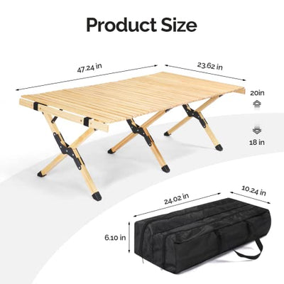 VINGLI 4ft Portable Picnic Table, Folding Wooden Camping Table with Bag, Height Adjustable Rolling Table for Outdoor& Indoor, Beach, Patio, Yard, Apartment Floor (Natural Wood) …