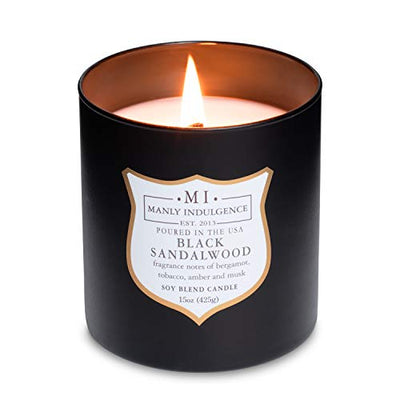 Manly Indulgence Black Sandalwood Scented Candle for Men 15 oz – Bergamot, Tobacco, Amber & Musk - Wood Wick - Up to 60 Hours Burn - Soy Blend Wax, USA Poured – Signature Collection