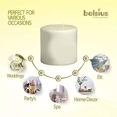 BOLSIUS Three Wick Big Pillar Candle Ivory – 6x6 Inches - Premium European Quality - 75 Hours Burn Time - Relight Unscented Large Pillar Candle - Smooth & Smokeless Flame - Wedding, & Party Candle