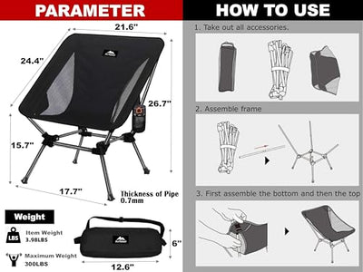 AnYoker Camping Chair, 2 Way Compact Backpacking Chair, Portable Folding Chair, Beach Chair with Side Pocket, Lightweight Hiking Chair Low Back Chair 0177 (Black)