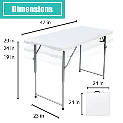 Go-Trio Folding Tables 4 Foot Small, Foldable Table Adjustable Height Desk, Card Table Indoor Outdoor, Portable Plastic Picnic Party Dining Camping Bar Low Tables, Fold in Half Heavy Duty, White