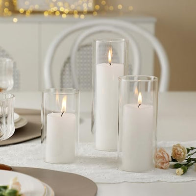 UDU Set of 12 Pillar Candles and 12 Hurricane Candle Holders, Pillar Candle Holder for Pillar Candles, Clear Cylinder Vases for Centerpieces Wedding Table Party Home Decor(4.7", 5.9",7.9")