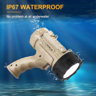 YIERBLUE Rechargeable Spotlight Flashlight with 1000,000 Lumen LED, IP67 Waterproof Long Running Spot Light searchlight, Impact Resistant Handheld Spotlight with Foldable Stand and Detachable Red Lens