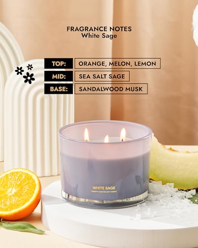 96NORTH Luxury White Sage Candle | Large 3 Wick Jar Candle | Up to 40 Hours Burning Time | 100% Natural Soy Wax | Relaxing Aromatherapy Aesthetic Candles | Housewarming Gift for Men and Women