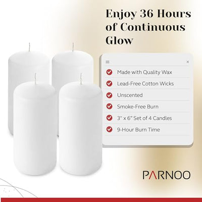 Unscented Pillar Candles - Set of 4 White Pillar Candles Made with Paraffin Wax & Cotton Wick - 3x6 Slow Burning Candles for Emergency, Weddings & Table Centerpieces - Large Pillar Candles by PARNOO