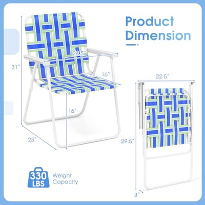 Giantex Beach Chairs Set of 6, Patio Folding Lawn Chairs for Adults, Outdoor Webbing Chair w/Steel Frame, Lightweight & Portable Camping Chairs for Fishing, Yard, Garden, Poolside Webbed Chairs, Blue