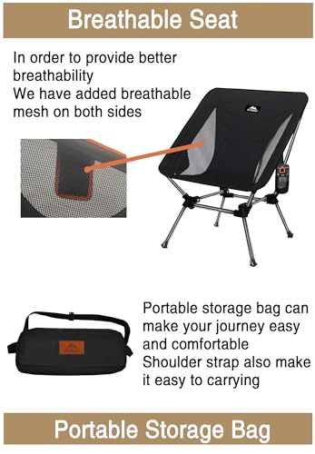 AnYoker Camping Chair, 2 Way Compact Backpacking Chair, Portable Folding Chair, Beach Chair with Side Pocket, Lightweight Hiking Chair Low Back Chair 0177 (Black)