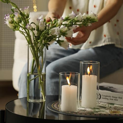 UDU Set of 12 Pillar Candles and 12 Hurricane Candle Holders, Pillar Candle Holder for Pillar Candles, Clear Cylinder Vases for Centerpieces Wedding Table Party Home Decor(4.7", 5.9",7.9")