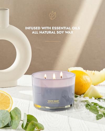 96NORTH Luxury White Sage Candle | Large 3 Wick Jar Candle | Up to 40 Hours Burning Time | 100% Natural Soy Wax | Relaxing Aromatherapy Aesthetic Candles | Housewarming Gift for Men and Women