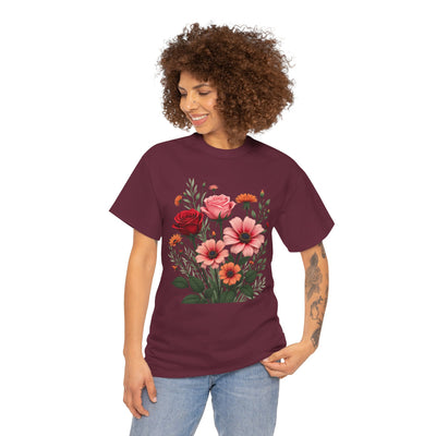 Wildflowers and Pink & Red Roses, Graphic T-Shirts for Women, Floral Shirt, Womens Short Sleeve, Ladies Graphic Tees #5133TTS