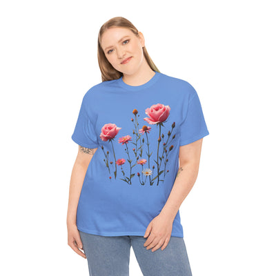 Wildflowers and Pink Roses, Graphic T-Shirts for Women, Floral Shirt, Womens Short Sleeve, Ladies Graphic Tees #5018TTS