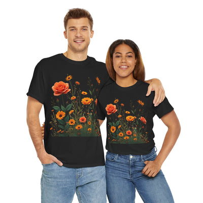 Wildflowers and Orange Roses, Graphic T-Shirts for Women, Floral Shirt, Womens Short Sleeve, Ladies Graphic Tees #5046TTS