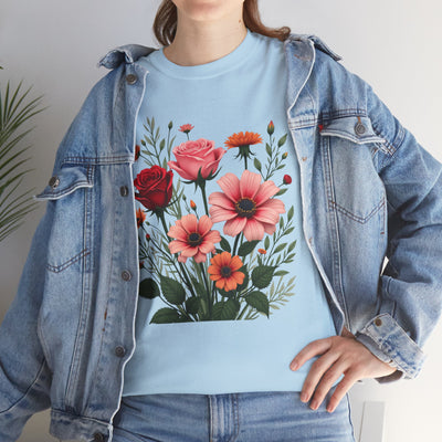 Wildflowers and Pink & Red Roses, Graphic T-Shirts for Women, Floral Shirt, Womens Short Sleeve, Ladies Graphic Tees #5133TTS