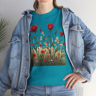 Wildflowers and Red Roses, Graphic T-Shirts for Women, Floral Shirt, Womens Short Sleeve, Ladies Graphic Tees #5032TTS