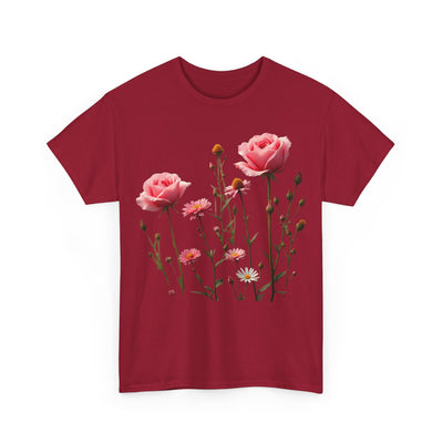 Wildflowers and Pink Roses, Graphic T-Shirts for Women, Floral Shirt, Womens Short Sleeve, Ladies Graphic Tees #5018TTS