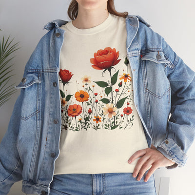 Wildflowers and Orange Roses, Graphic T-Shirts for Women, Floral Shirt, Womens Short Sleeve, Ladies Graphic Tees #5043TTS